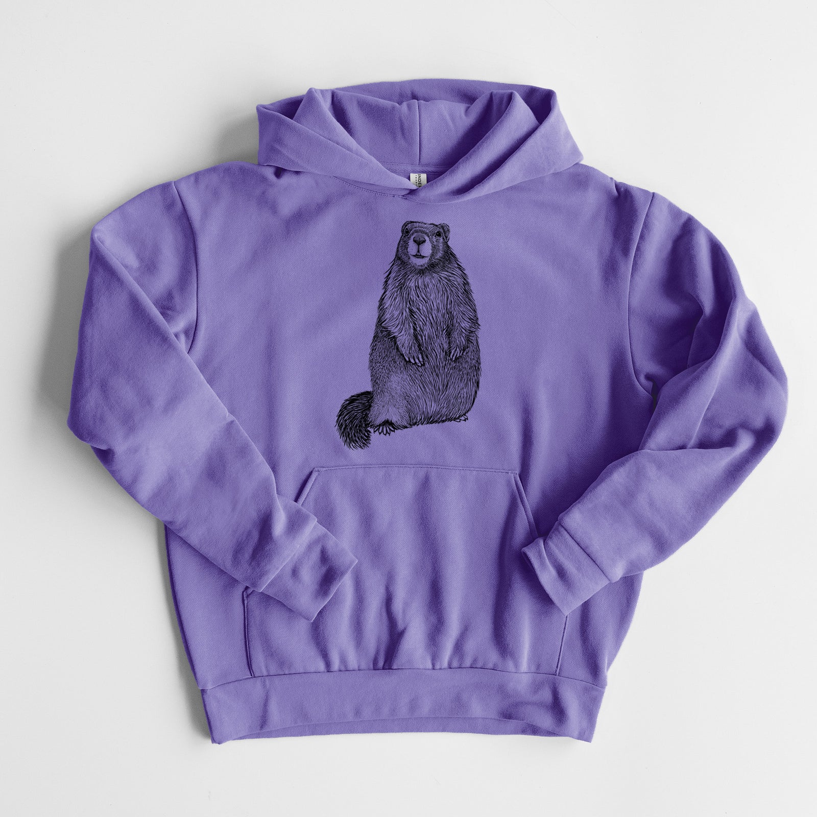 Yellow-bellied Marmot - Marmota flaviventris - Statement Midweight Hoodie in Violet, laid flat, showing the oversized boxy fit and front kangaroo pocket.