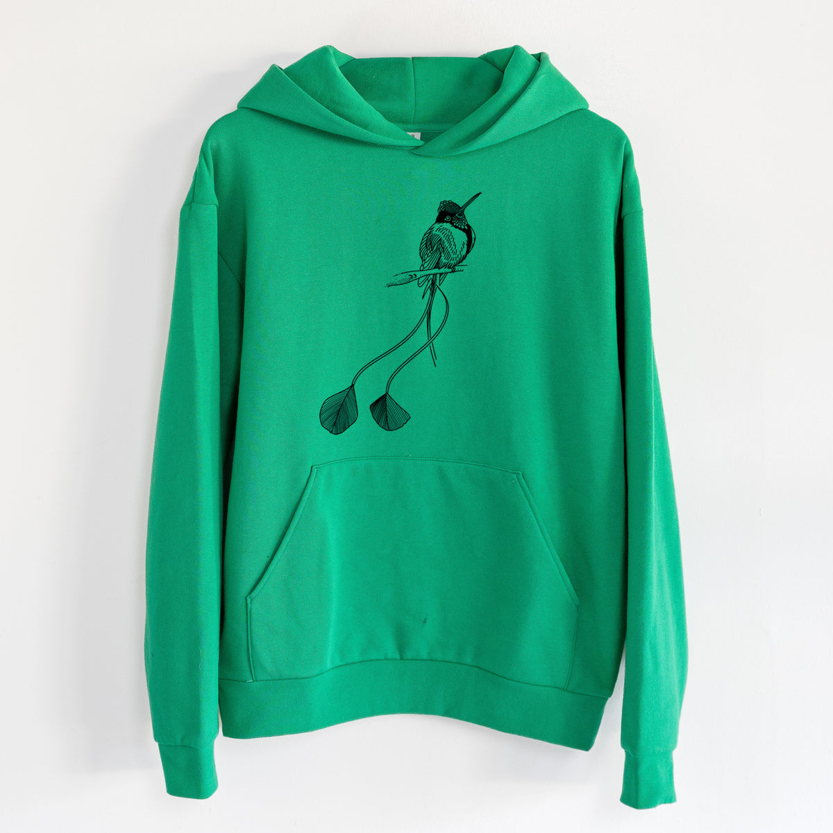 Marvelous Spatuletail Hummingbird - Statement Midweight Hoodie in Kelly Green, hanging on a white wall, with a front kangaroo pocket and no drawcords.