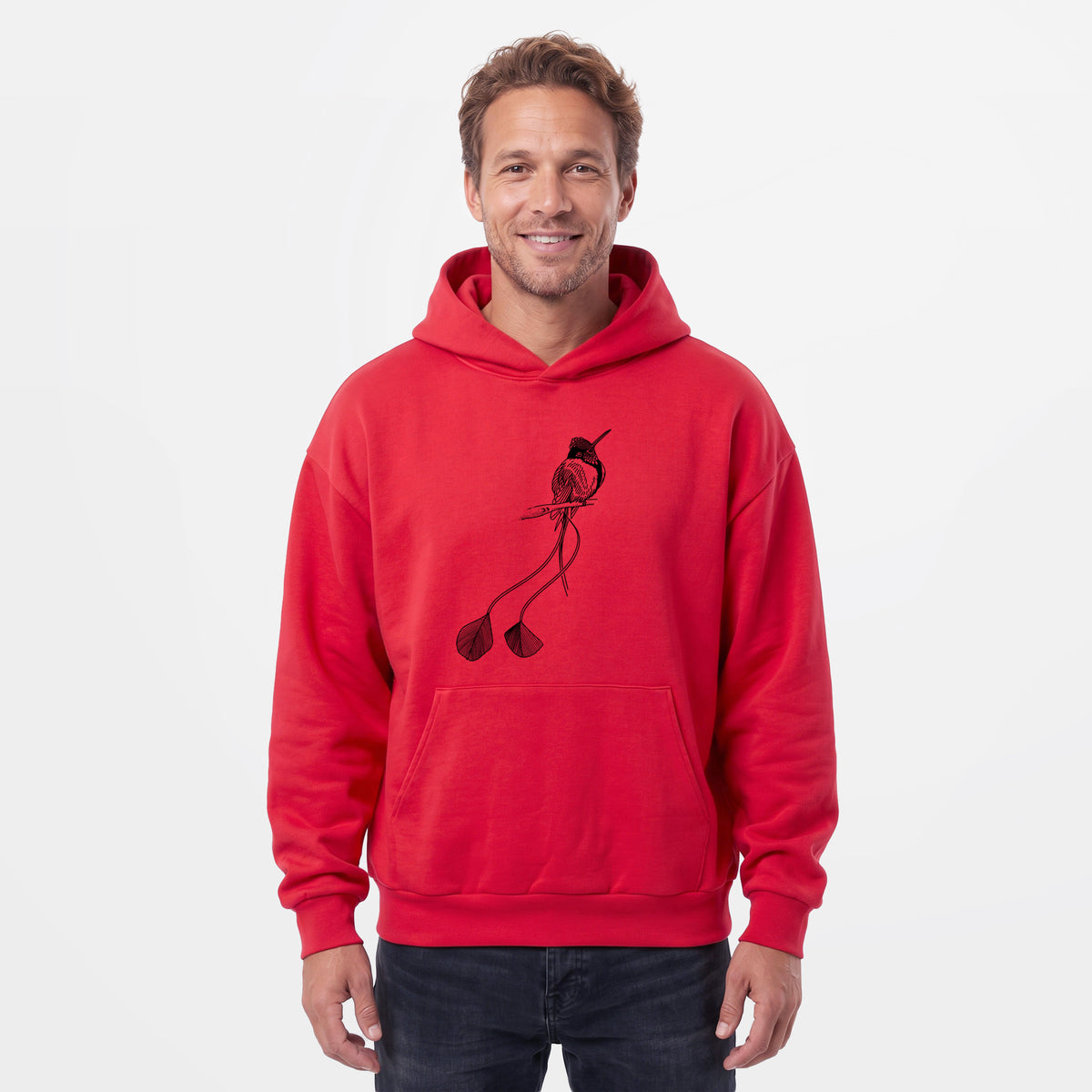Male model wearing the Marvelous Spatuletail Hummingbird - Statement Midweight Hoodie.