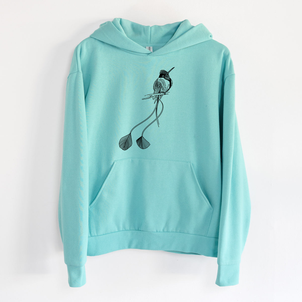 Marvelous Spatuletail Hummingbird - Statement Midweight Hoodie in Seafoam, hanging on a white wall, with a front kangaroo pocket and no drawcords.