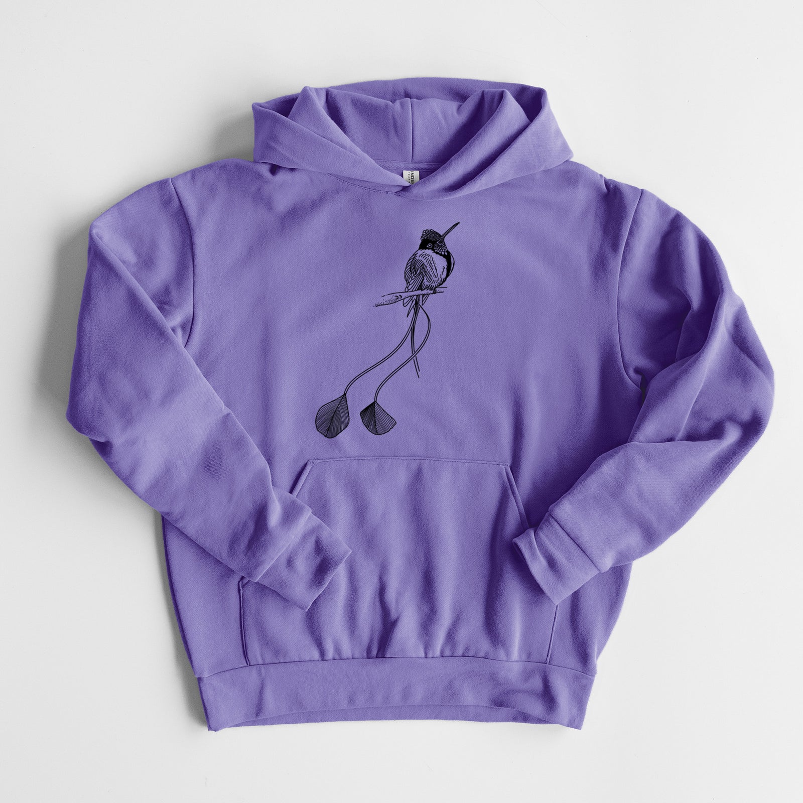 Marvelous Spatuletail Hummingbird - Statement Midweight Hoodie in Violet, laid flat, showing the oversized boxy fit and front kangaroo pocket.