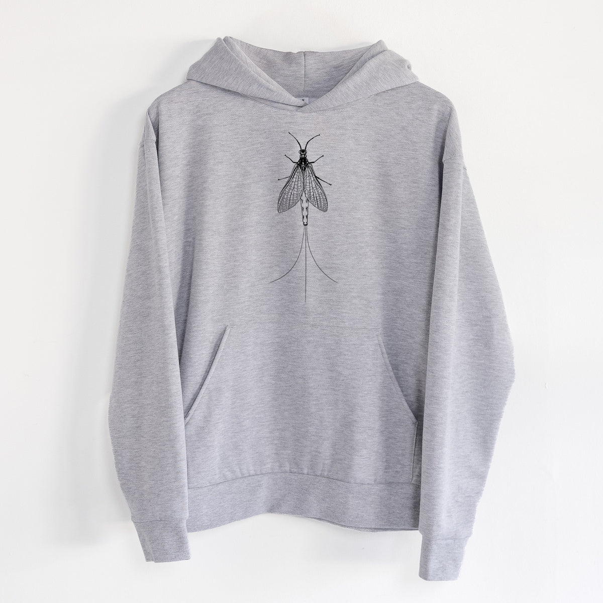 Ephemera Danica - Mayfly - Statement Midweight Hoodie in Heather Grey, hanging on a white wall, with a front kangaroo pocket and no drawcords.