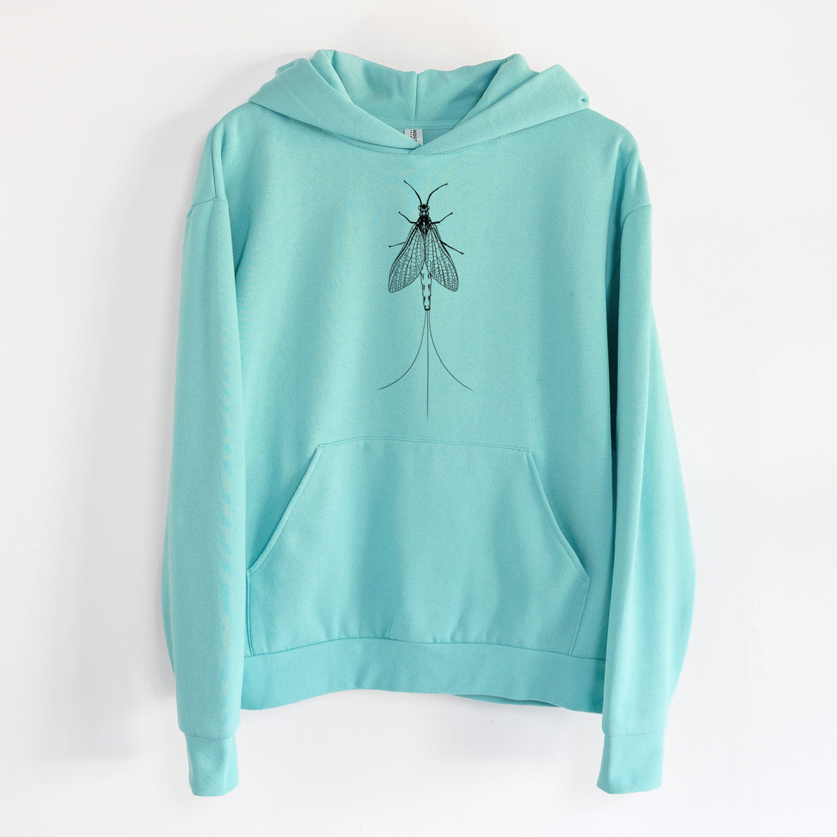 Ephemera Danica - Mayfly - Statement Midweight Hoodie in Seafoam, hanging on a white wall, with a front kangaroo pocket and no drawcords.