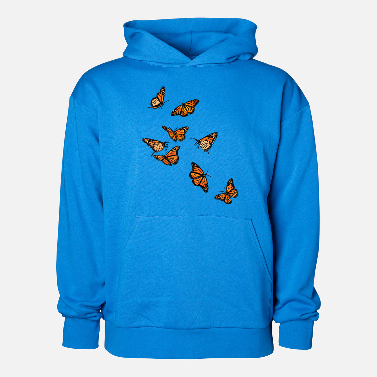 Monarch Migration - Statement Midweight Hoodie in Azure Blue, shown from the front with the design printed on the chest above a front kangaroo pocket.