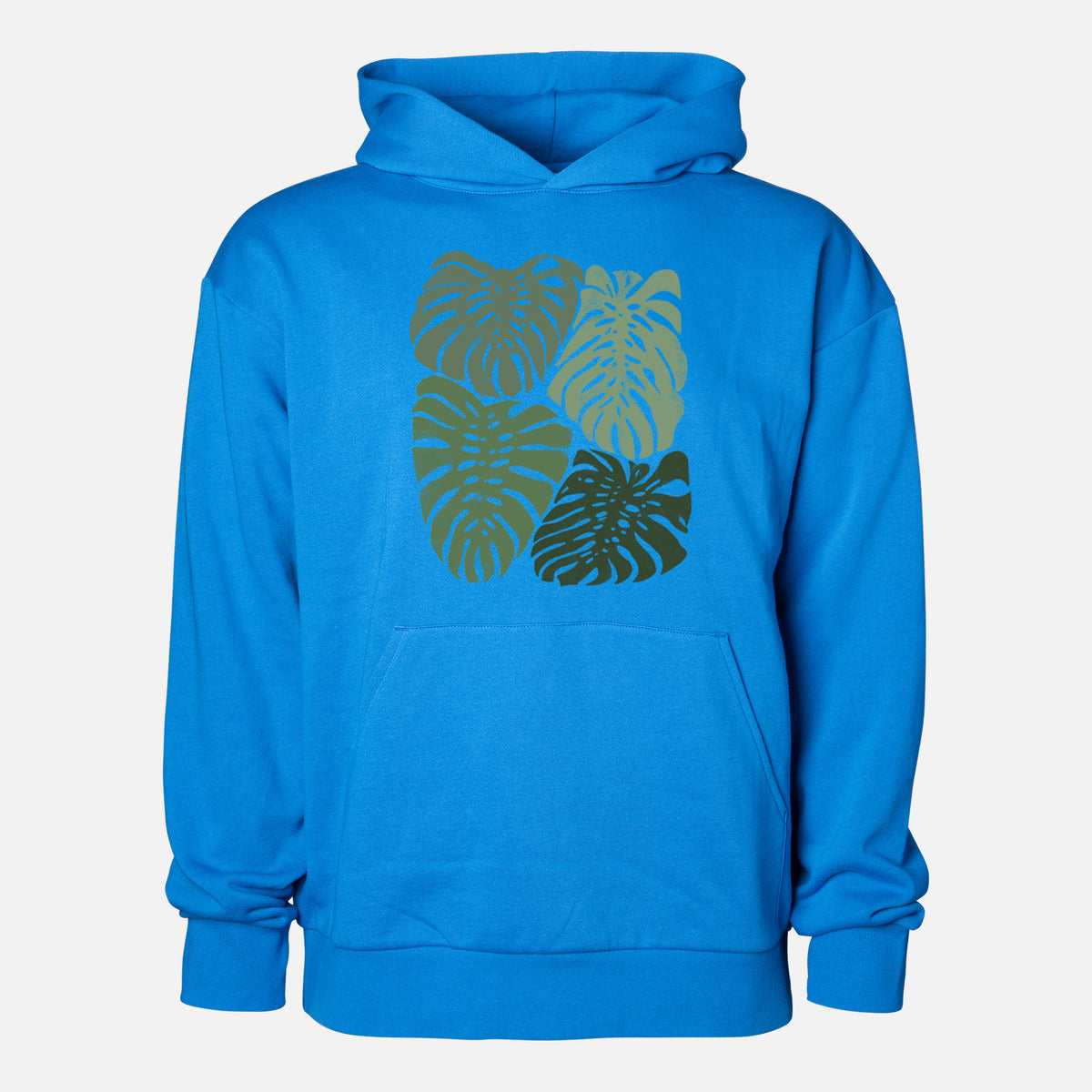 Monstera Vibes - Statement Midweight Hoodie in Azure Blue, shown from the front with the design printed on the chest above a front kangaroo pocket.