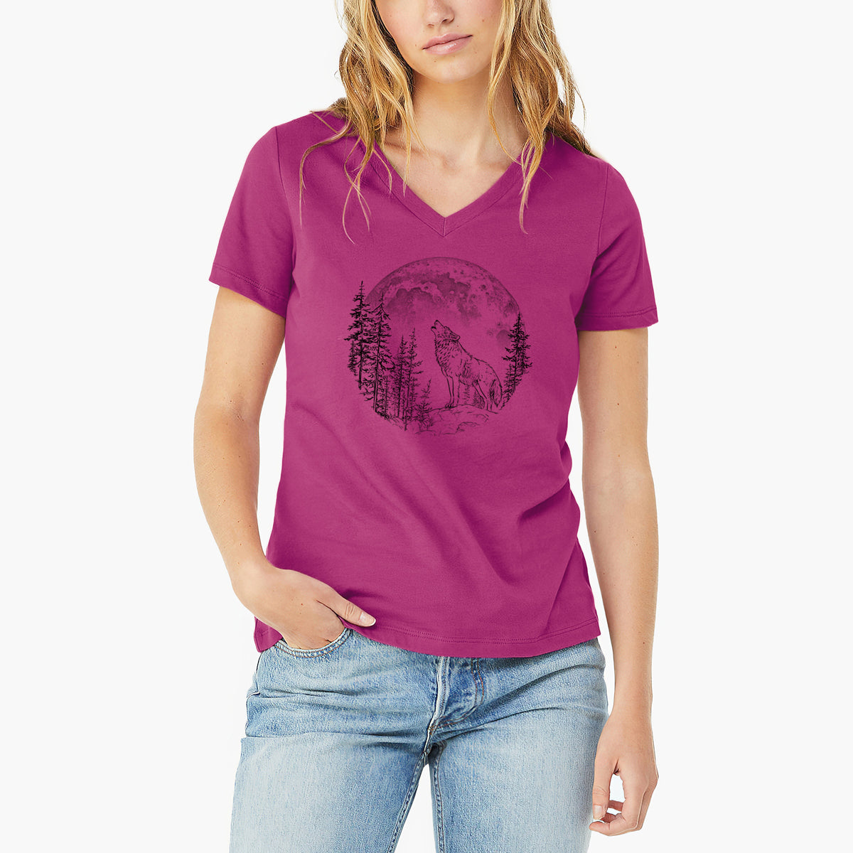 Wolf Howling at the Moon - Women's Lightweight Relaxed Fit 100% Cotton V-neck