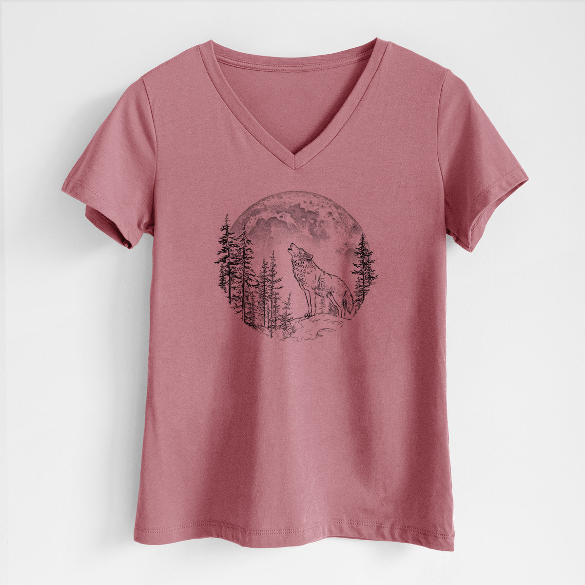 Wolf Howling at the Moon - Women's Lightweight Relaxed Fit 100% Cotton V-neck