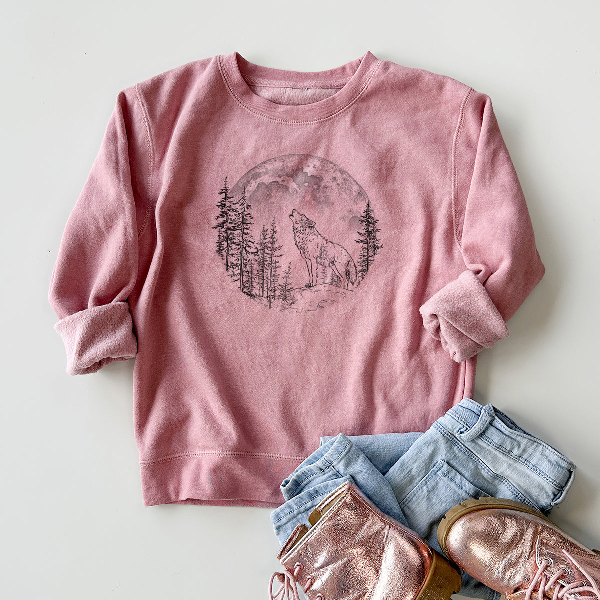 Wolf Howling at the Moon - Youth Lightweight Crewneck Sweatshirt