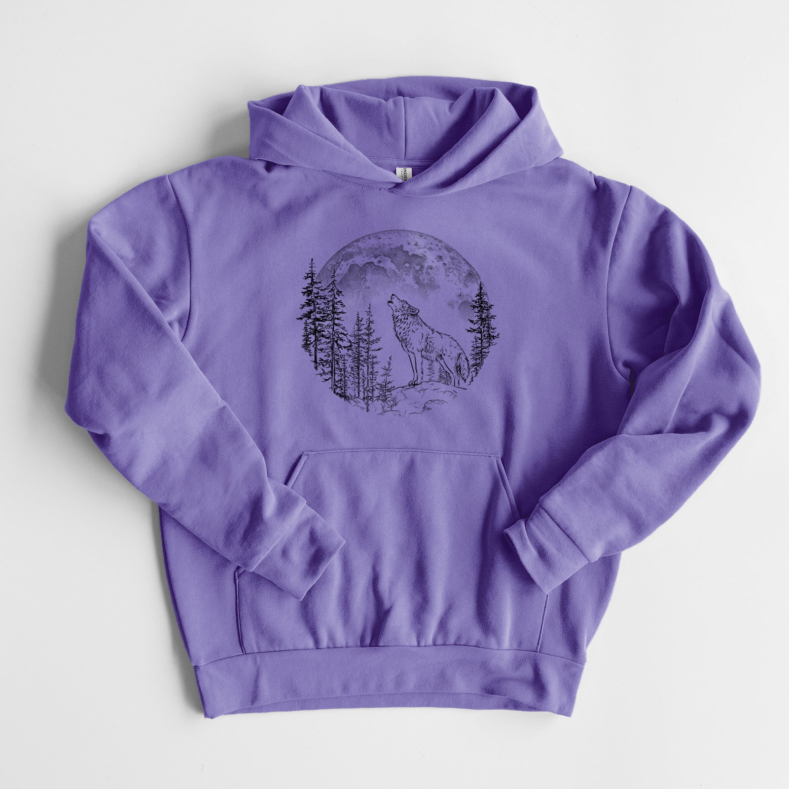 Wolf Howling at the Moon - Statement Midweight Hoodie in Violet, laid flat, showing the oversized boxy fit and front kangaroo pocket.