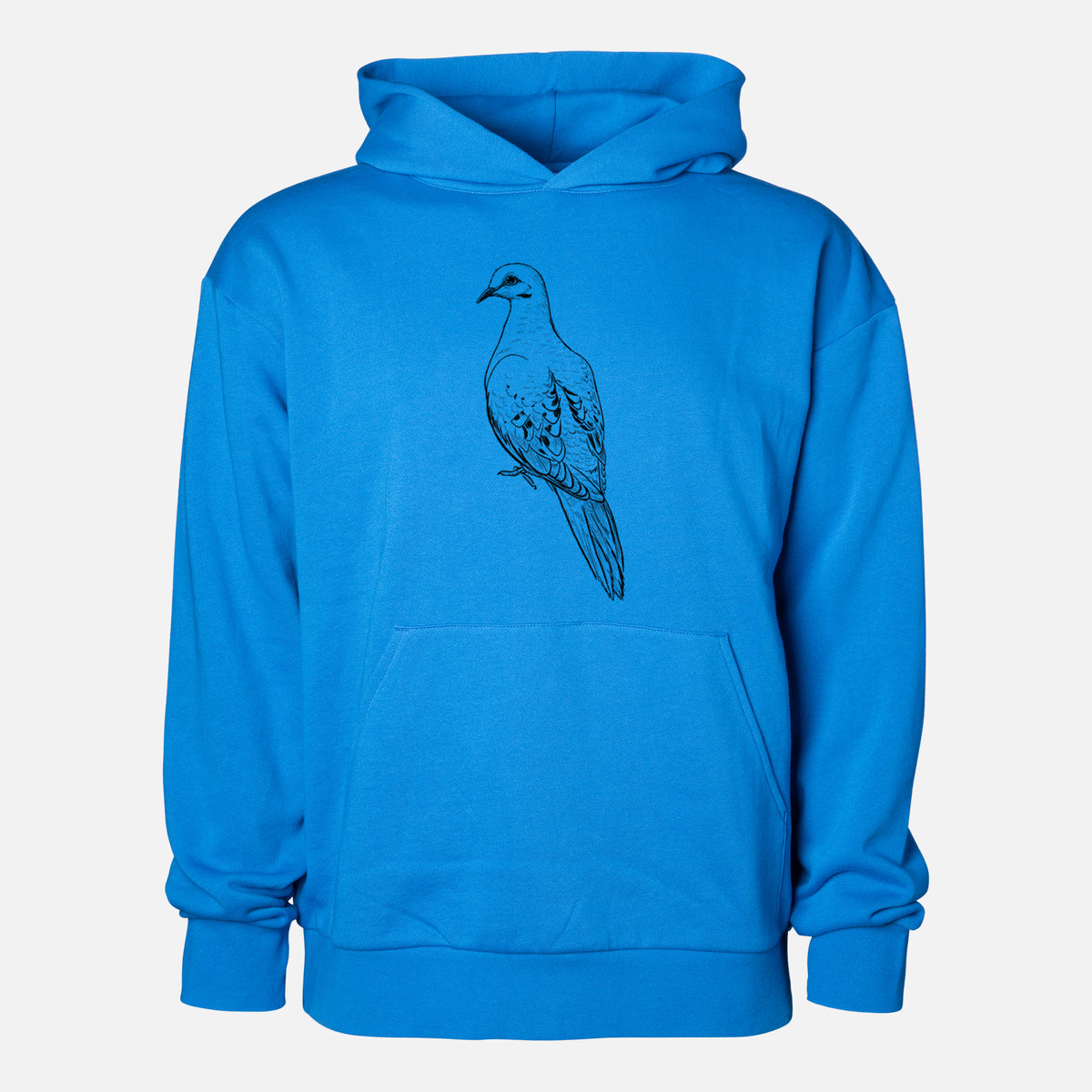 Mourning Dove - Zenaida macroura - Statement Midweight Hoodie in Azure Blue, shown from the front with the design printed on the chest above a front kangaroo pocket.