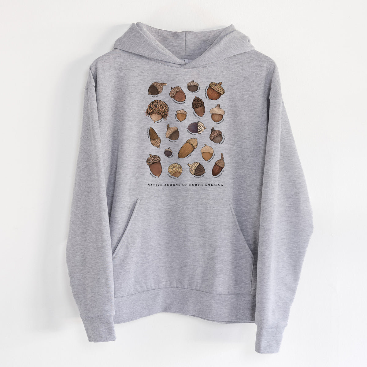 Native Acorns of North America - Statement Midweight Hoodie in Heather Grey, hanging on a white wall, with a front kangaroo pocket and no drawcords.