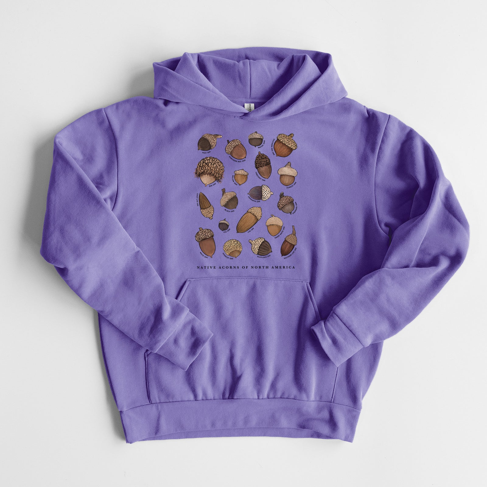 Native Acorns of North America - Statement Midweight Hoodie in Violet, laid flat, showing the oversized boxy fit and front kangaroo pocket.