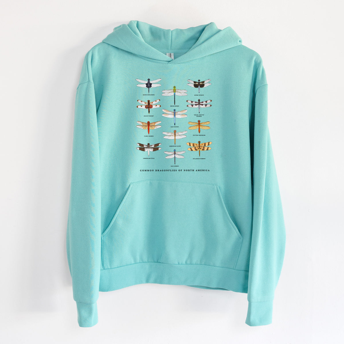 Common Dragonflies of North America - Statement Midweight Hoodie in Seafoam, hanging on a white wall, with a front kangaroo pocket and no drawcords.