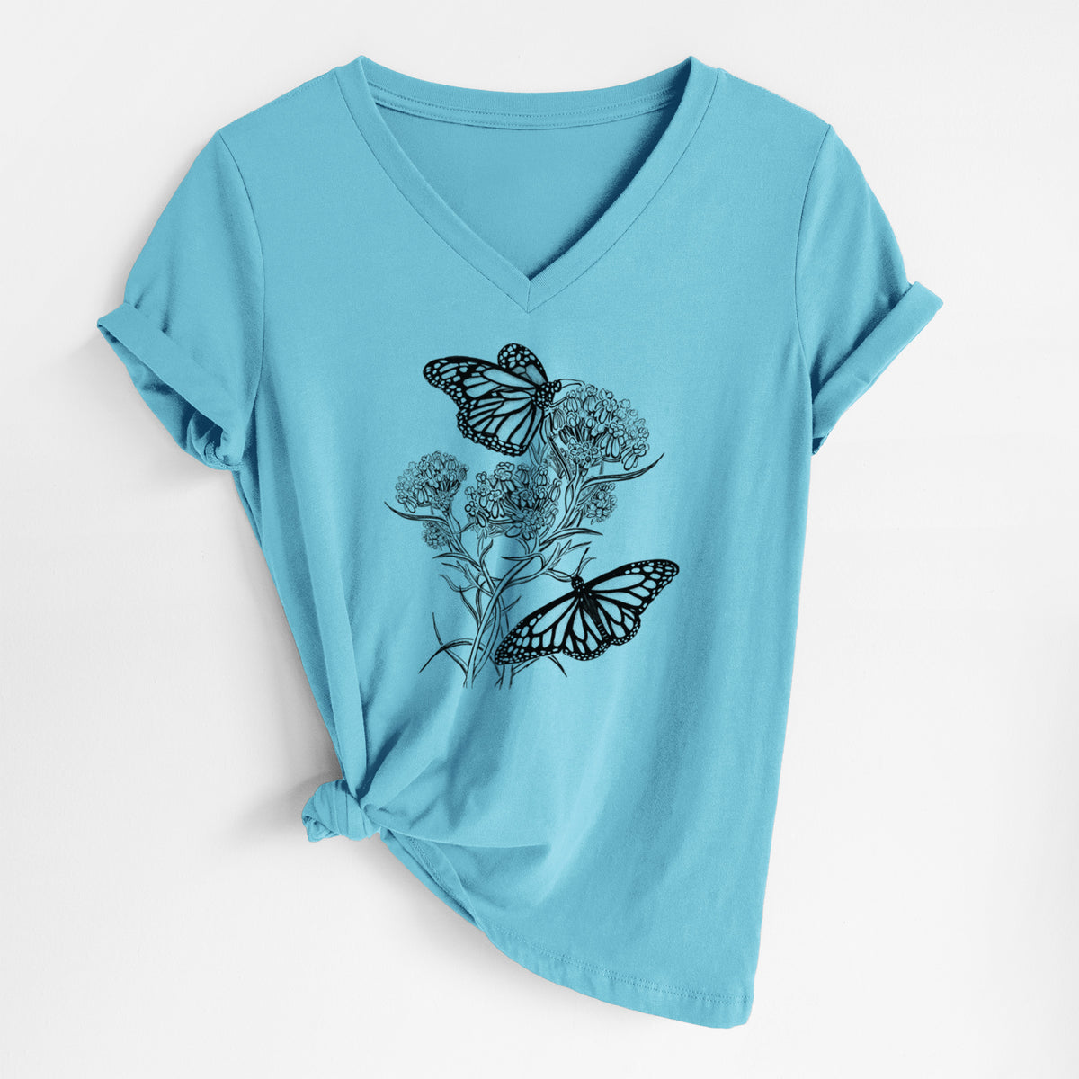 Narrowleaf Milkweed with Monarchs - Women&#39;s Lightweight Relaxed Fit 100% Cotton V-neck