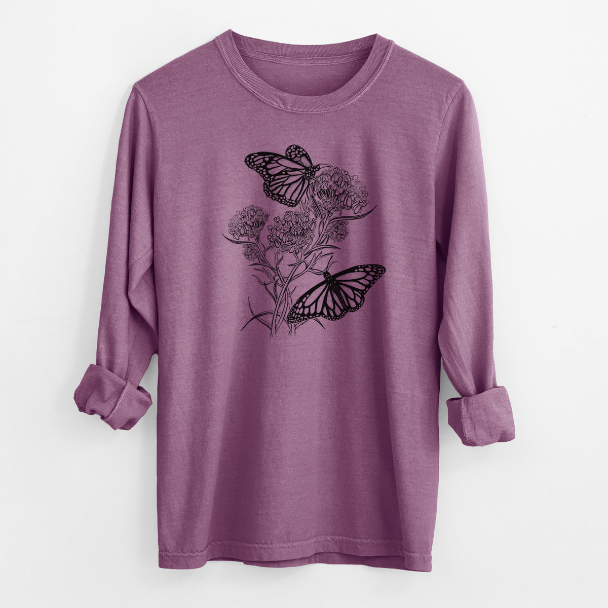 Narrowleaf Milkweed with Monarchs - Men&#39;s Heavyweight 100% Cotton Long Sleeve