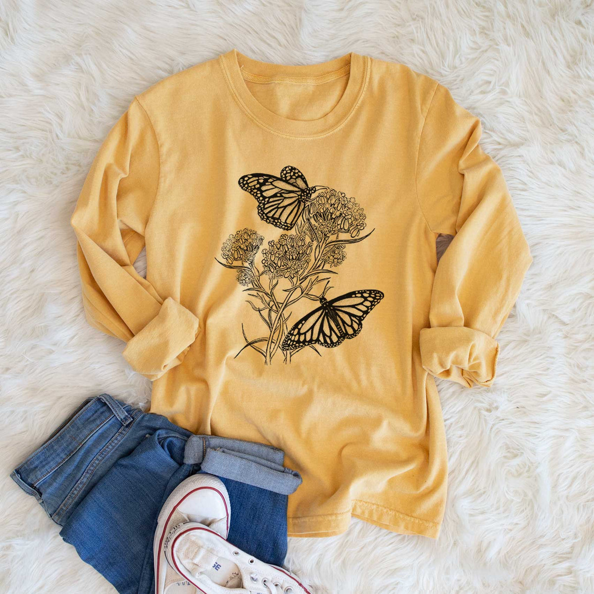 Narrowleaf Milkweed with Monarchs - Men&#39;s Heavyweight 100% Cotton Long Sleeve