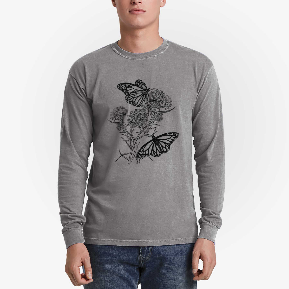 Narrowleaf Milkweed with Monarchs - Men&#39;s Heavyweight 100% Cotton Long Sleeve