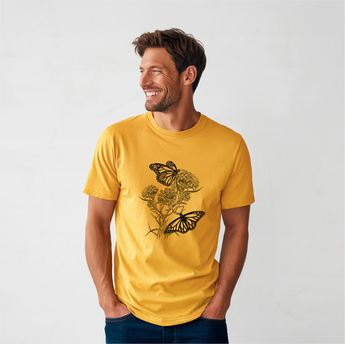 Narrowleaf Milkweed with Monarchs - Heavyweight Men&#39;s 100% Organic Cotton Tee