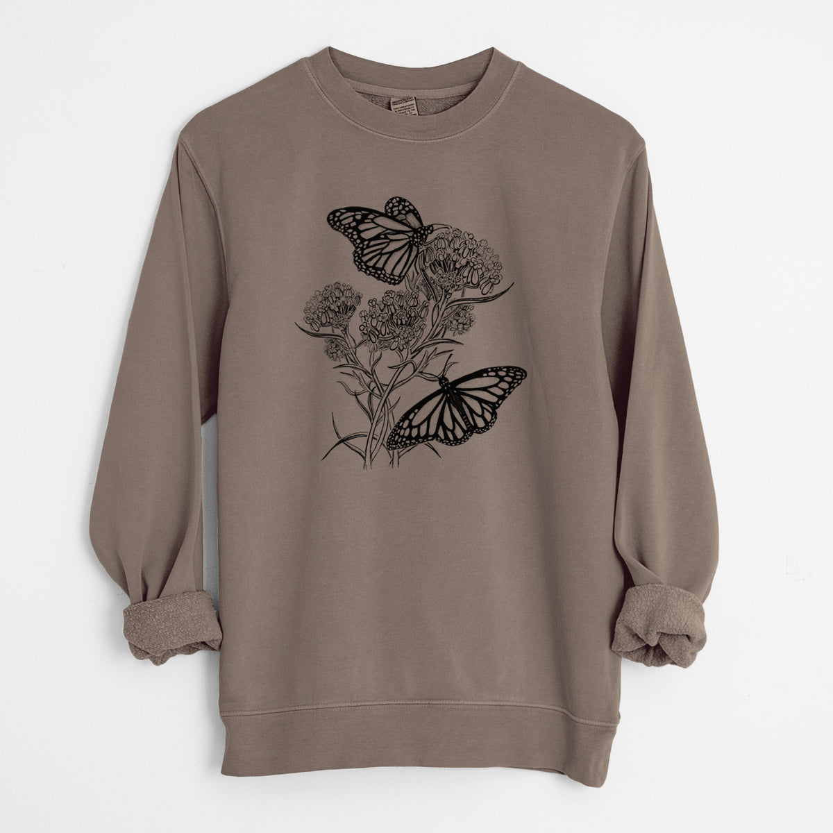 Narrowleaf Milkweed with Monarchs - Unisex Pigment Dyed Crew Sweatshirt in Espresso Brown Color