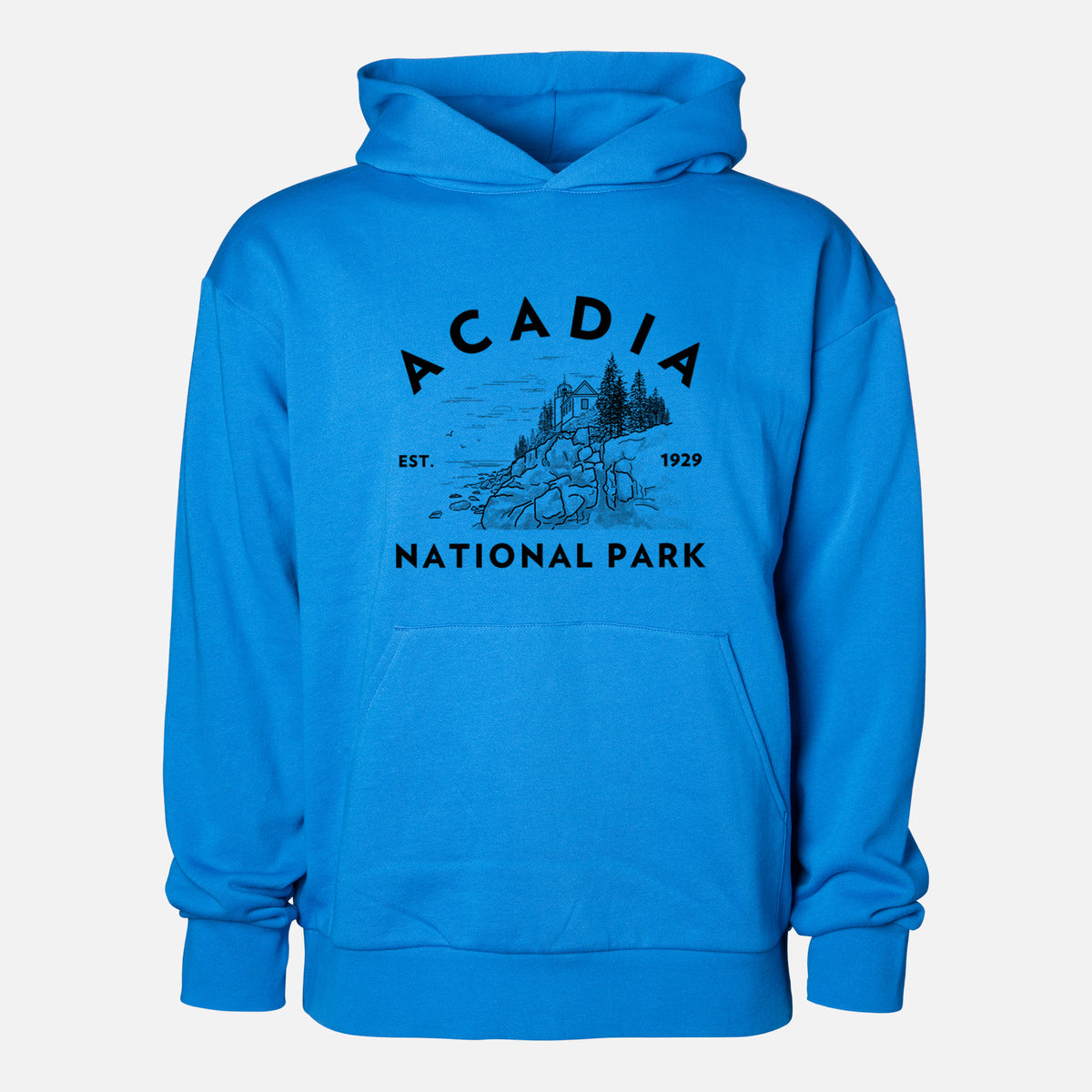 Acadia National Park - Statement Midweight Hoodie in Azure Blue, shown from the front with the design printed on the chest above a front kangaroo pocket.
