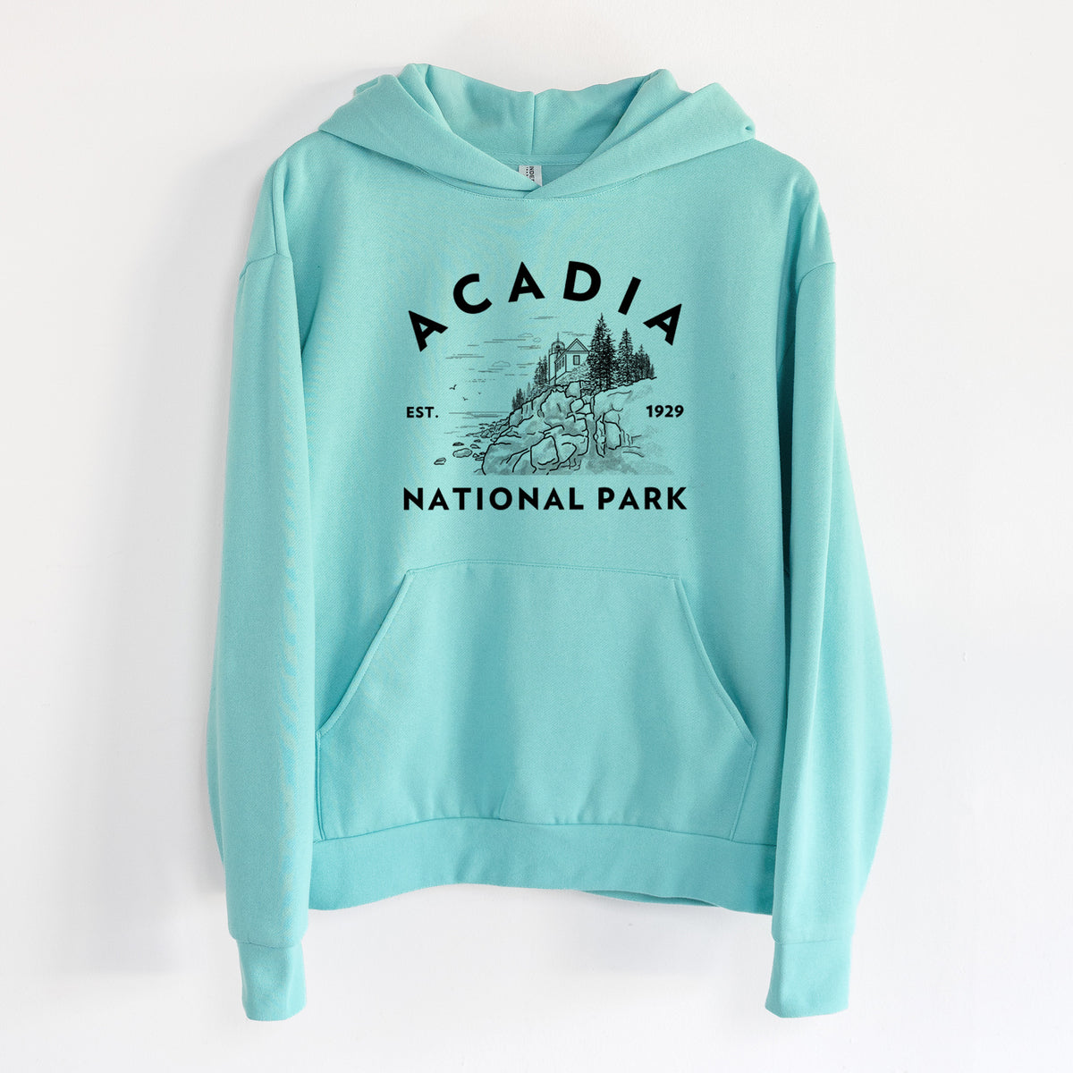 Acadia National Park - Statement Midweight Hoodie in Seafoam, hanging on a white wall, with a front kangaroo pocket and no drawcords.