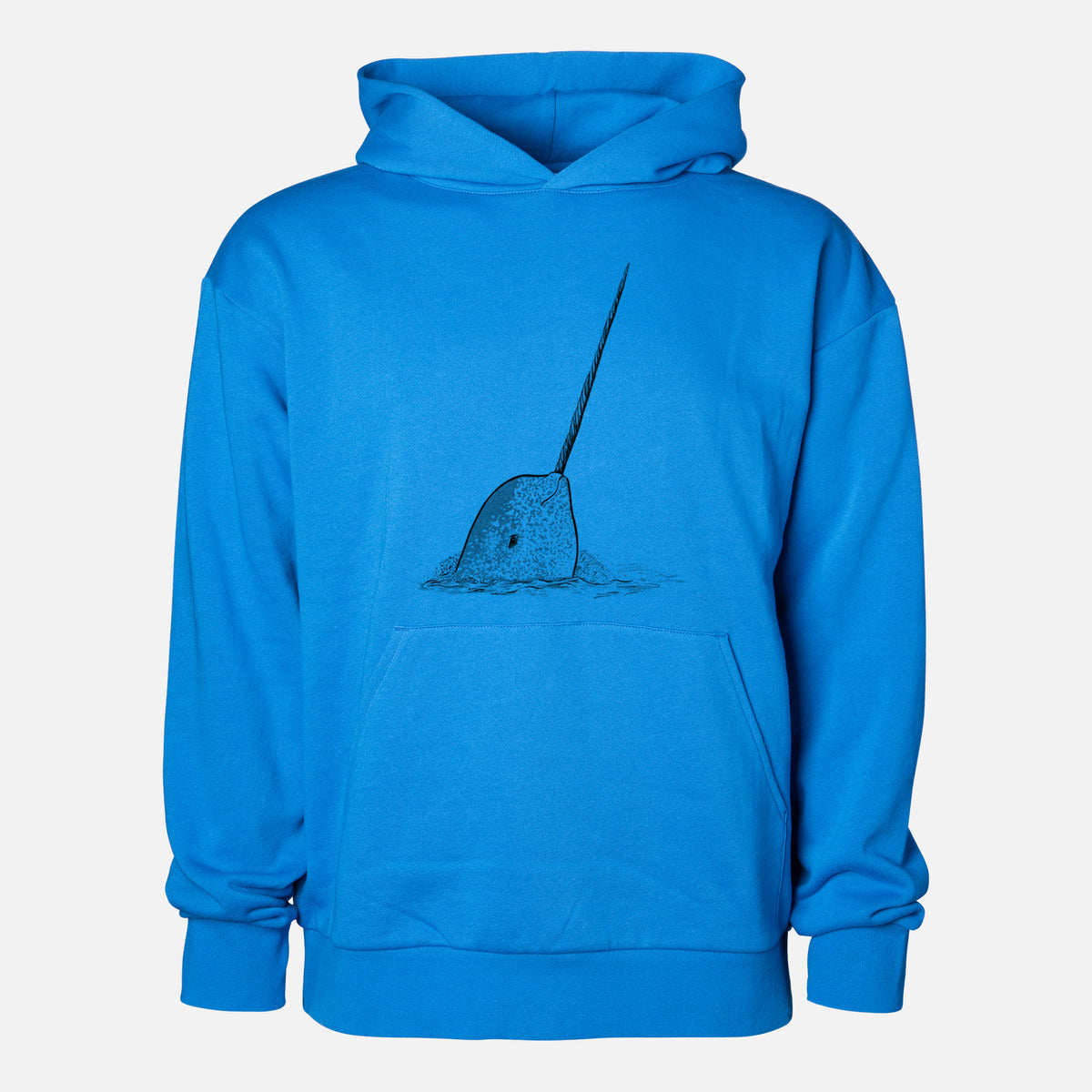 Narwhal - Monodon monoceros - Statement Midweight Hoodie in Azure Blue, shown from the front with the design printed on the chest above a front kangaroo pocket.