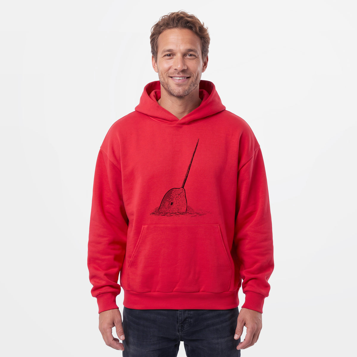 Male model wearing the Narwhal - Monodon monoceros - Statement Midweight Hoodie.