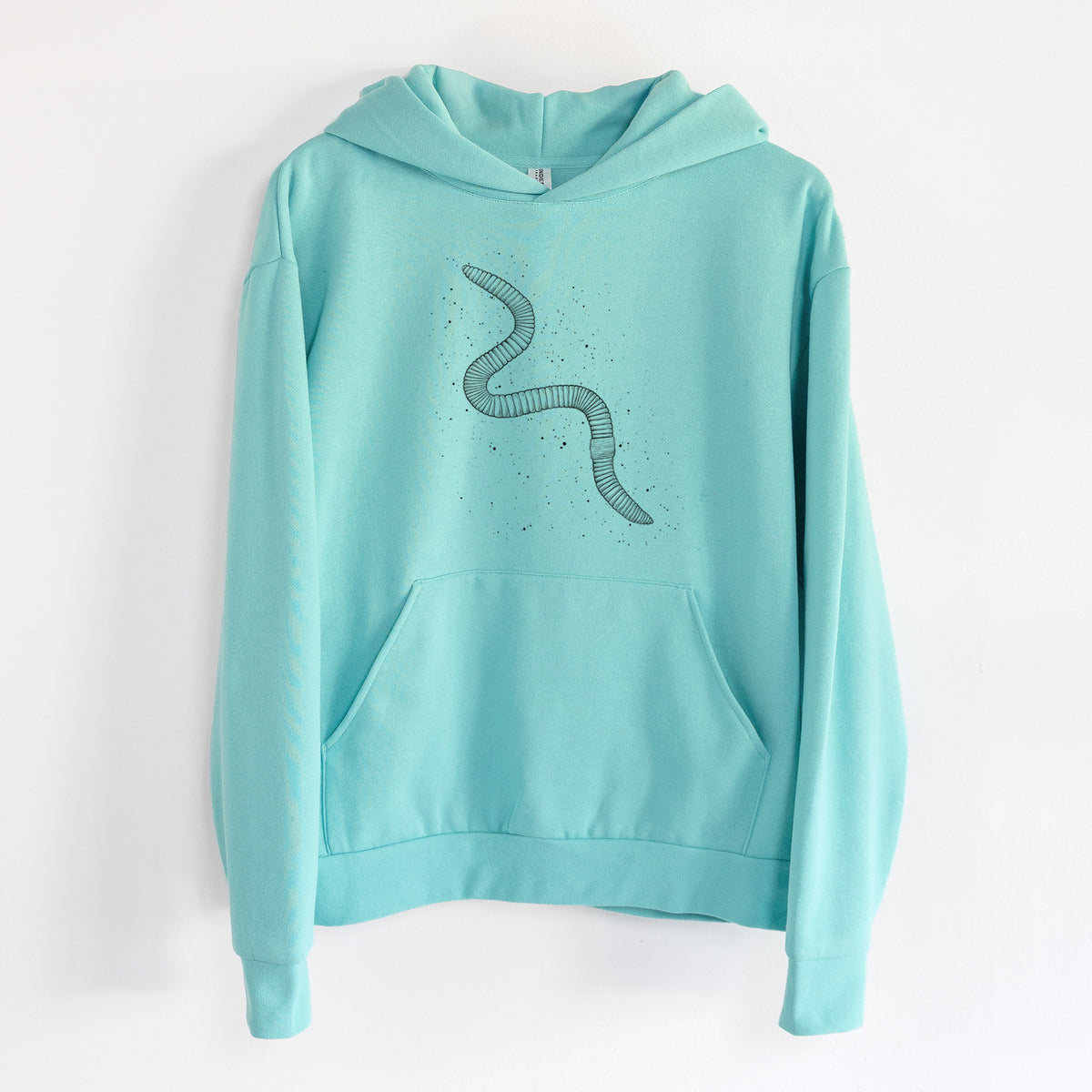 Common Earthworm - Nightcrawler - Lumbricus terrestris - Statement Midweight Hoodie in Seafoam, hanging on a white wall, with a front kangaroo pocket and no drawcords.