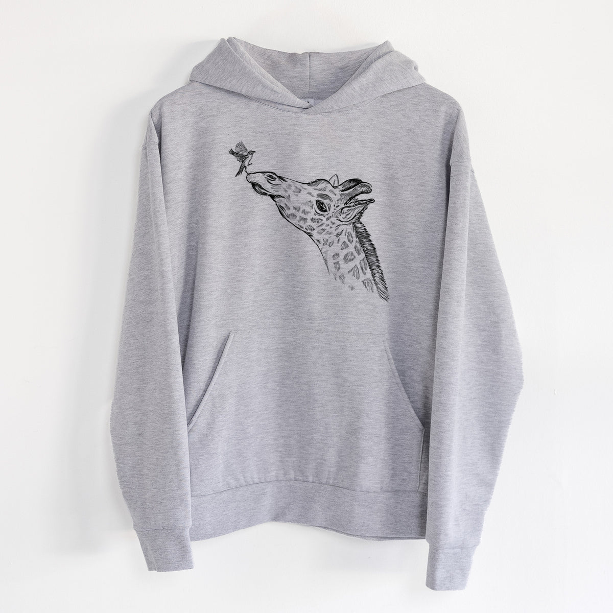 Northern Giraffe - Giraffa camelopardalis - Statement Midweight Hoodie in Heather Grey, hanging on a white wall, with a front kangaroo pocket and no drawcords.