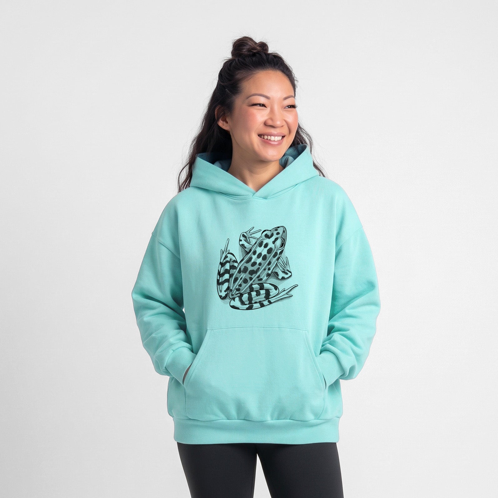 Northern Leopard Frog - Lithobates pipiens - Statement Midweight Hoodie in Violet, laid flat, showing the oversized boxy fit and front kangaroo pocket.