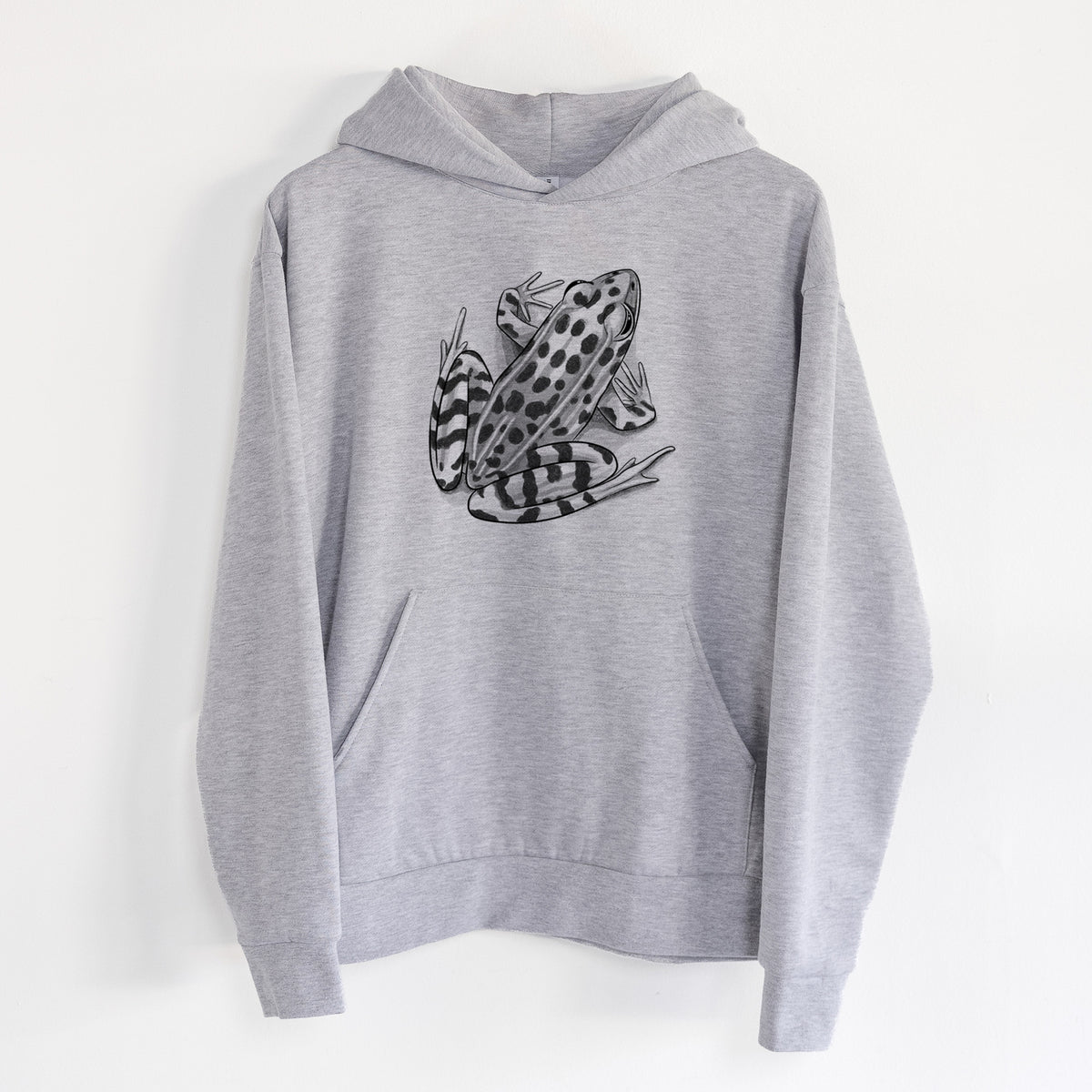 Northern Leopard Frog - Lithobates pipiens - Statement Midweight Hoodie in Heather Grey, hanging on a white wall, with a front kangaroo pocket and no drawcords.