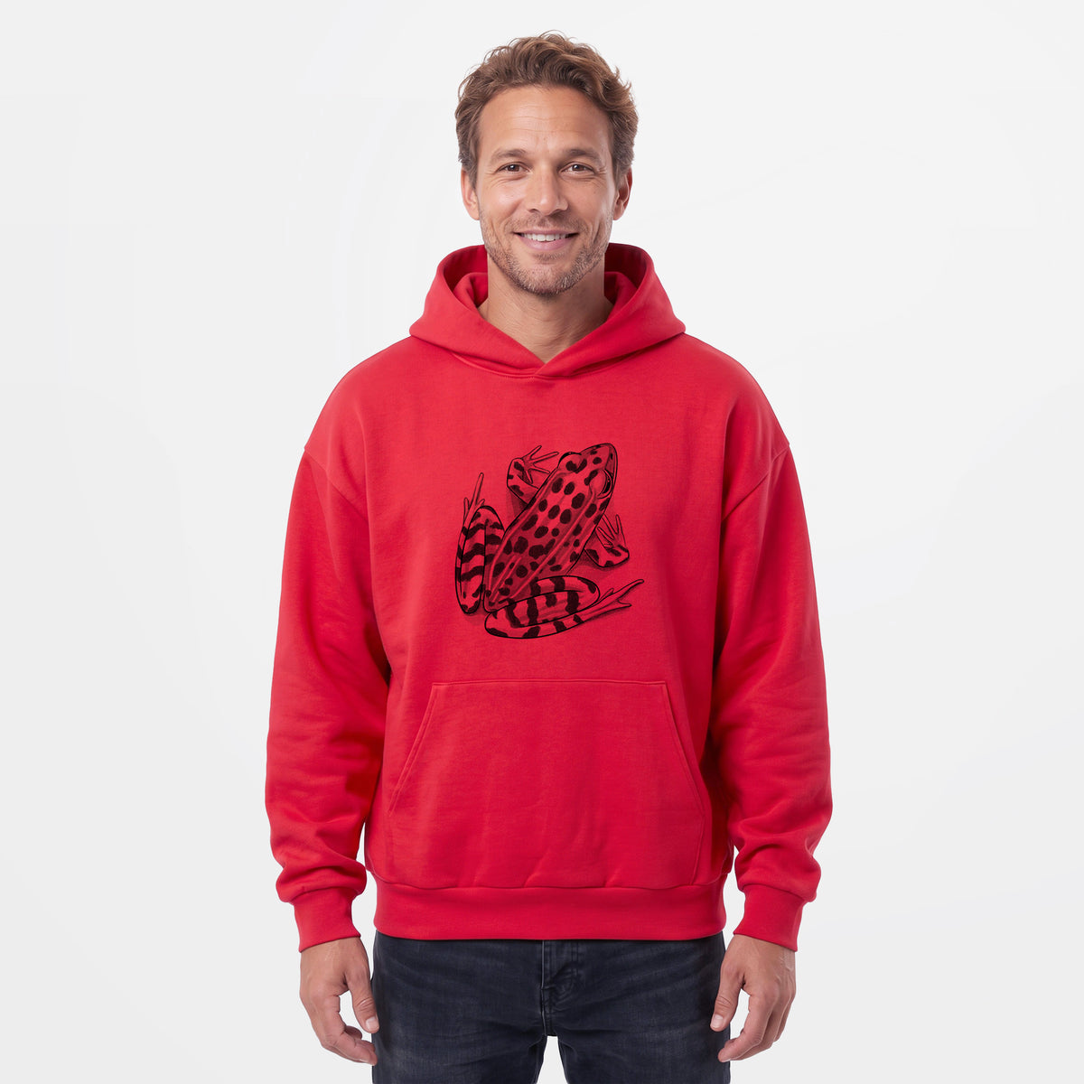 Male model wearing the Northern Leopard Frog - Lithobates pipiens - Statement Midweight Hoodie.