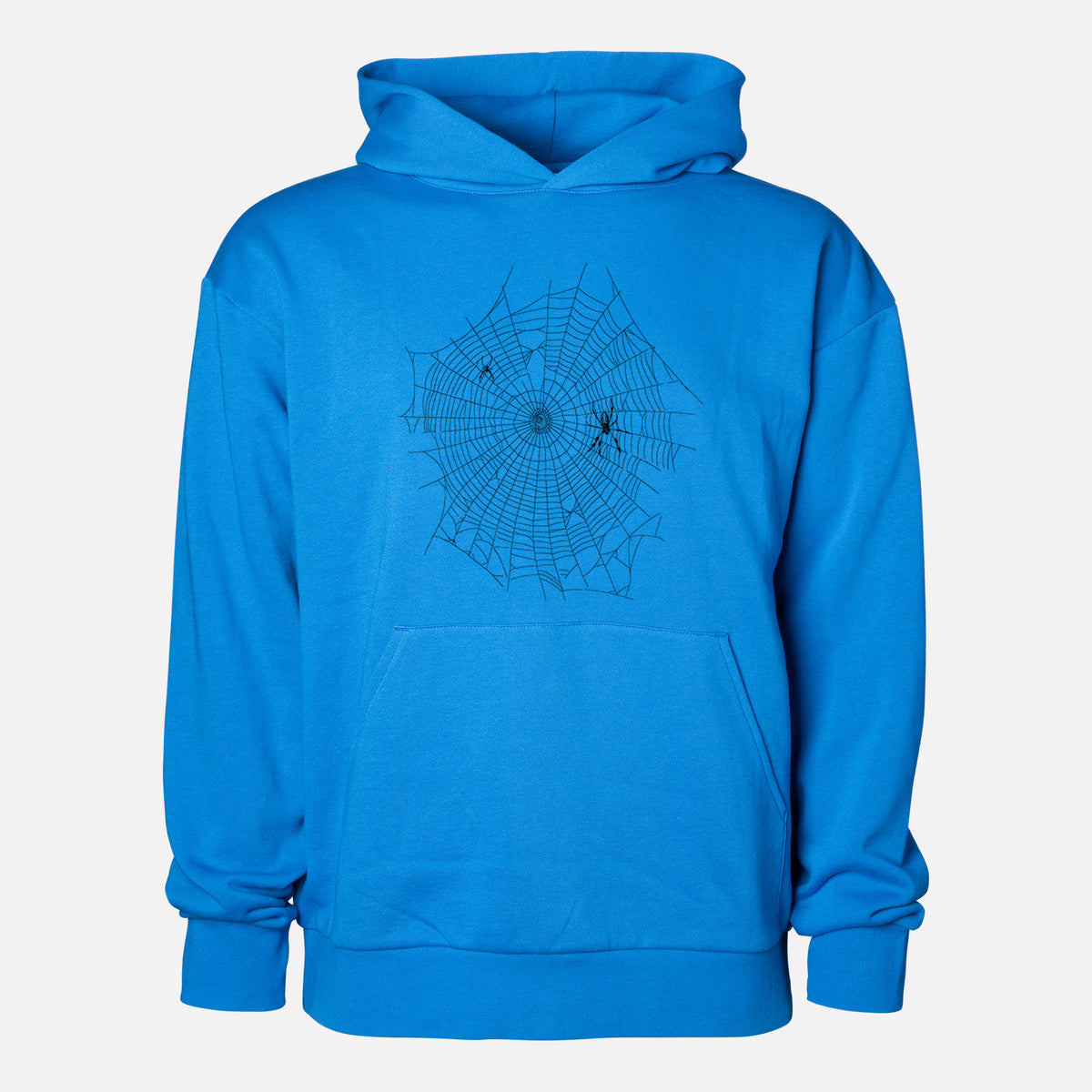 Golden Silk Orb-weaver Spider Web - Trichonephila clavipes - Statement Midweight Hoodie in Azure Blue, shown from the front with the design printed on the chest above a front kangaroo pocket.