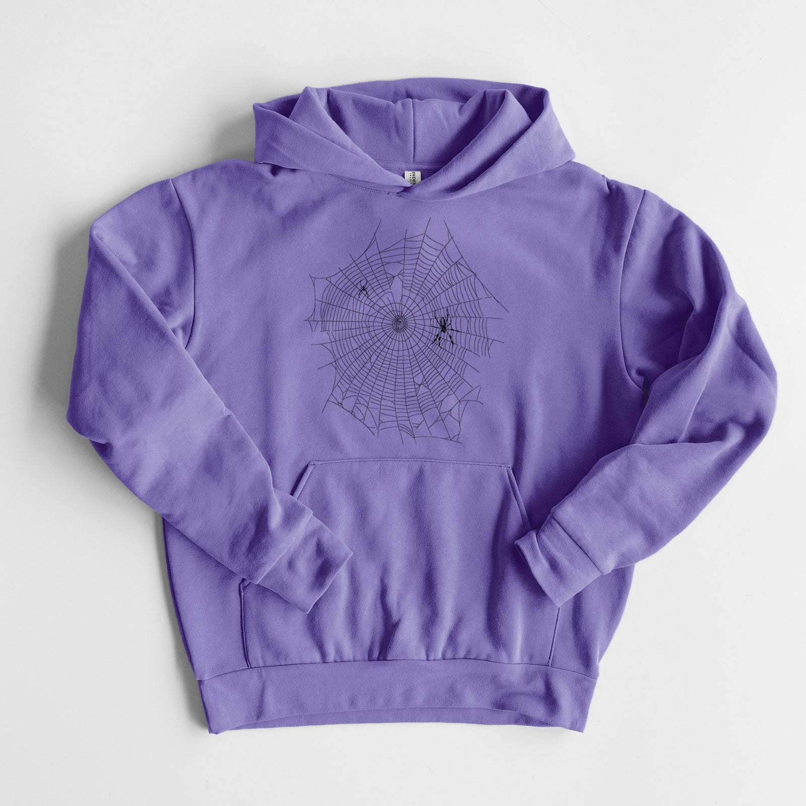 Golden Silk Orb-weaver Spider Web - Trichonephila clavipes - Statement Midweight Hoodie in Violet, laid flat, showing the oversized boxy fit and front kangaroo pocket.