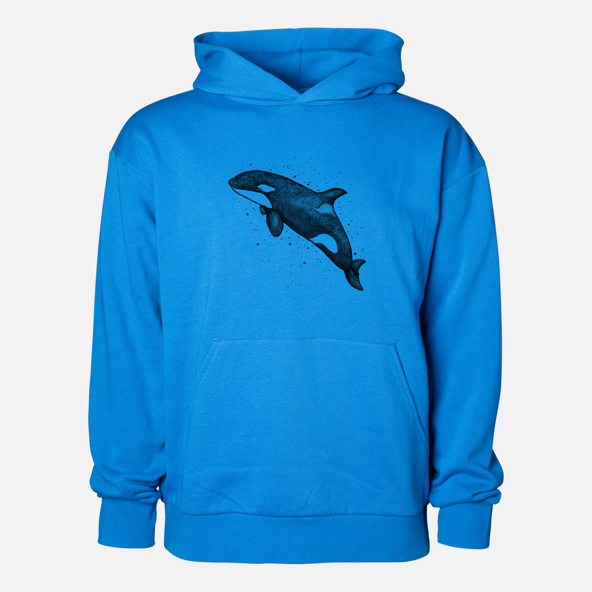 Orca Whale - Statement Midweight Hoodie in Azure Blue, shown from the front with the design printed on the chest above a front kangaroo pocket.