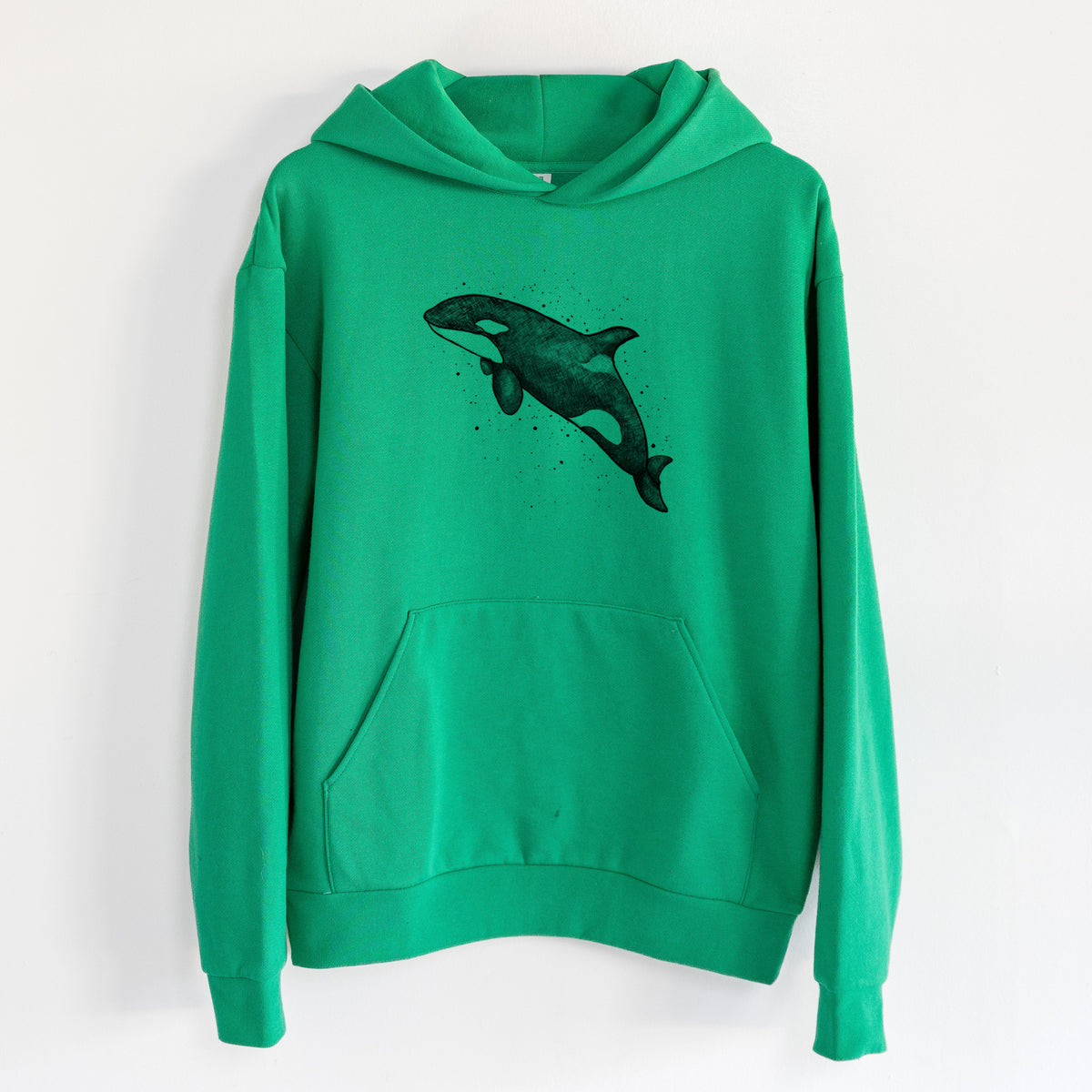 Orca Whale - Statement Midweight Hoodie in Kelly Green, hanging on a white wall, with a front kangaroo pocket and no drawcords.