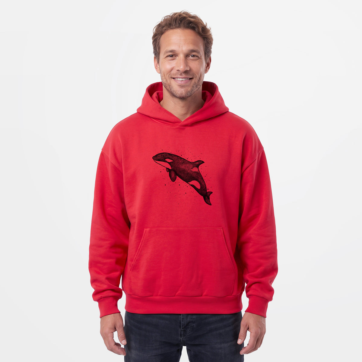 Male model wearing the Orca Whale - Statement Midweight Hoodie.