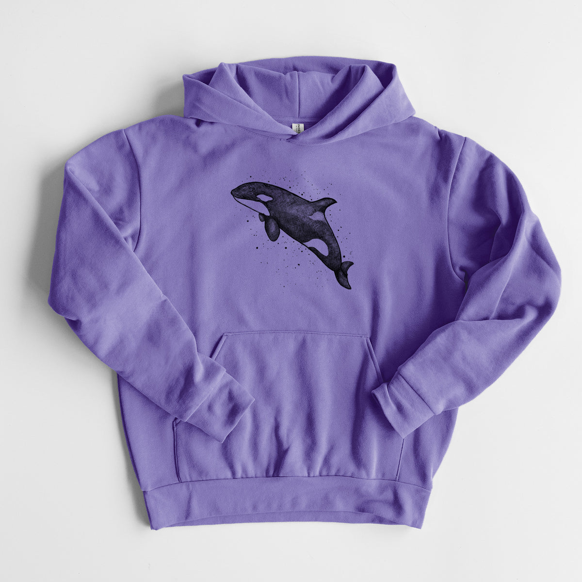 Orca Whale - Statement Midweight Hoodie in Violet, laid flat, showing the oversized boxy fit and front kangaroo pocket.