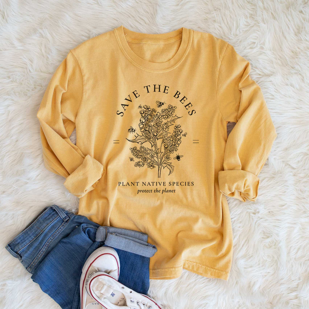 Save the Bees - Plant Native Species - Men&#39;s Heavyweight 100% Cotton Long Sleeve