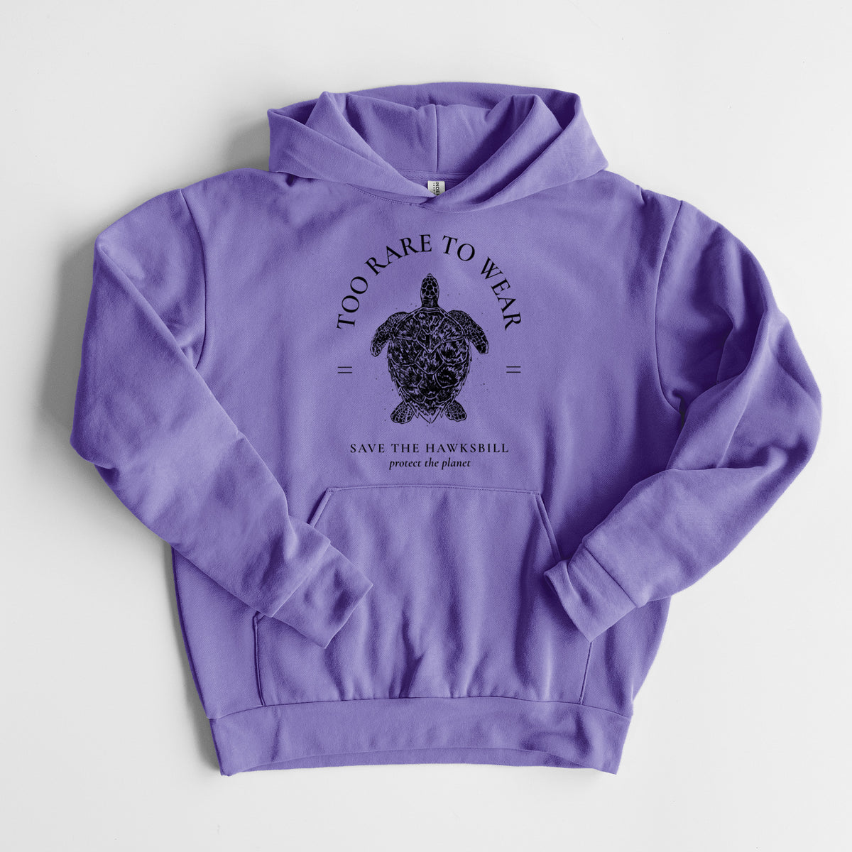 Too Rare to Wear - Save the Hawksbill - Statement Midweight Hoodie in Violet, laid flat, showing the oversized boxy fit and front kangaroo pocket.