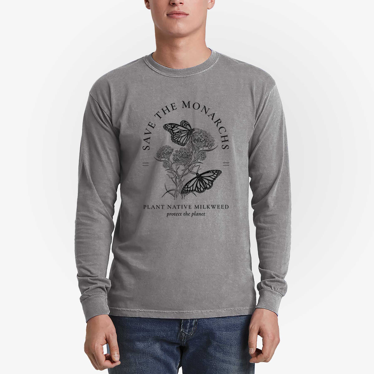 Save the Monarchs - Plant Native Milkweed - Men&#39;s Heavyweight 100% Cotton Long Sleeve