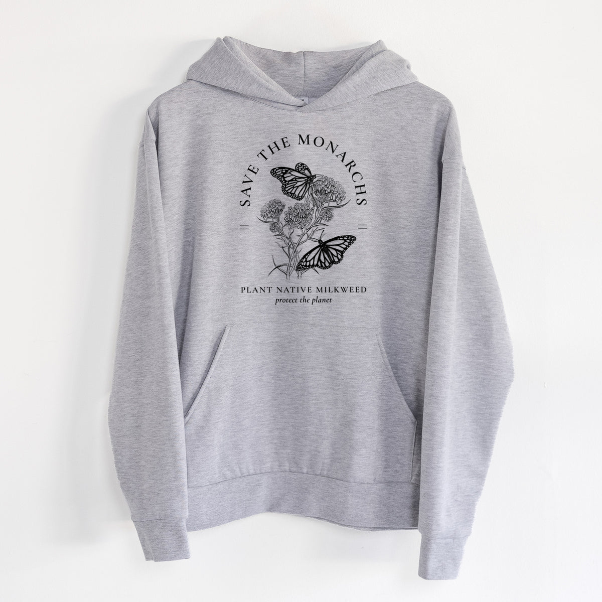 Save the Monarchs - Plant Native Milkweed - Statement Midweight Hoodie in Heather Grey, hanging on a white wall, with a front kangaroo pocket and no drawcords.