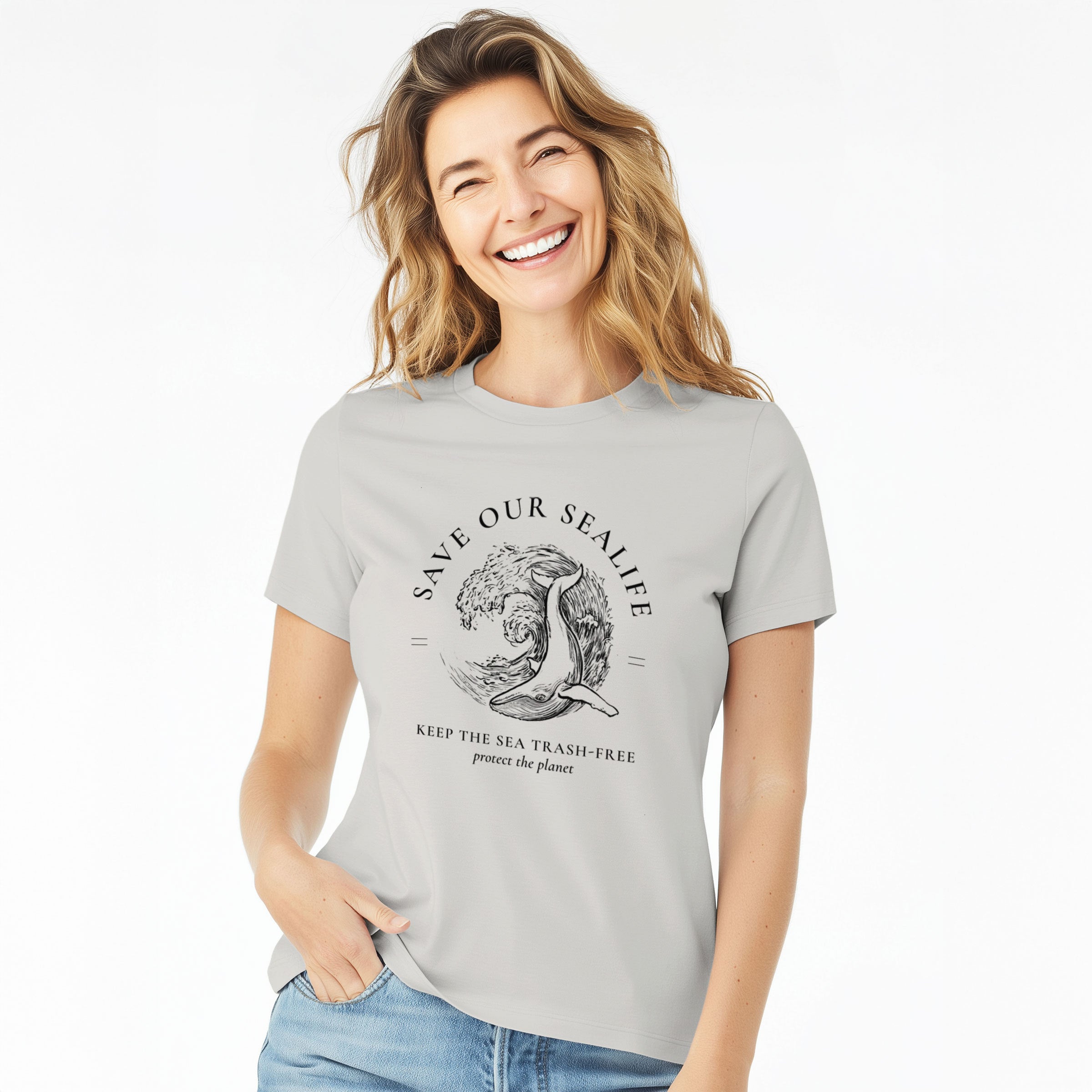 Save our Sealife - Keep the Sea Trash-Free - Women's Lightweight Relaxed Fit 100% Cotton Crewneck