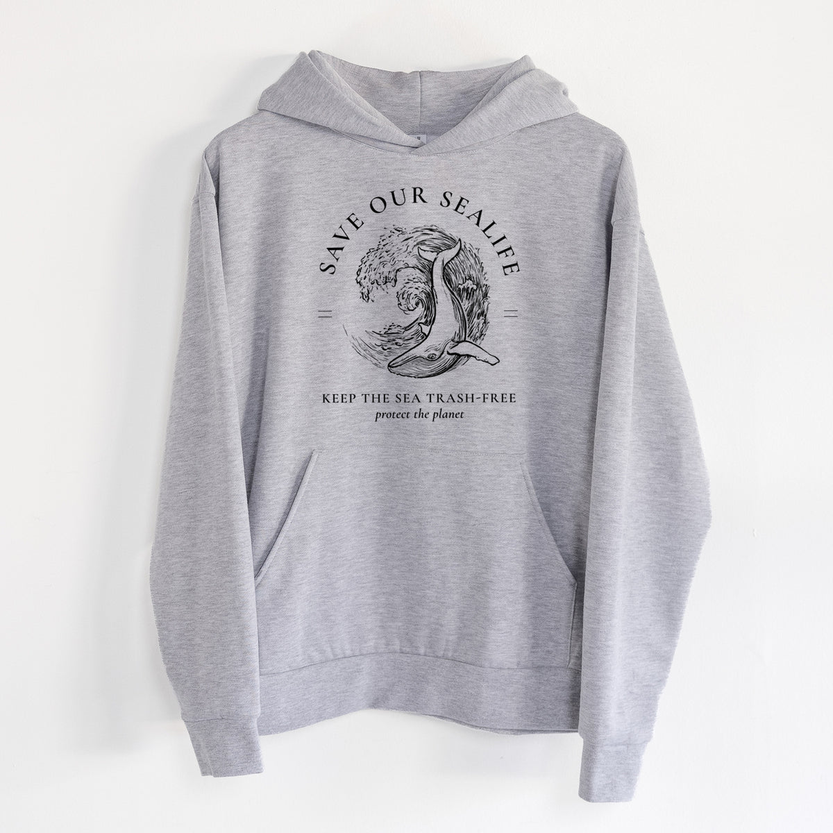 Save our Sealife - Keep the Sea Trash-Free - Statement Midweight Hoodie in Heather Grey, hanging on a white wall, with a front kangaroo pocket and no drawcords.