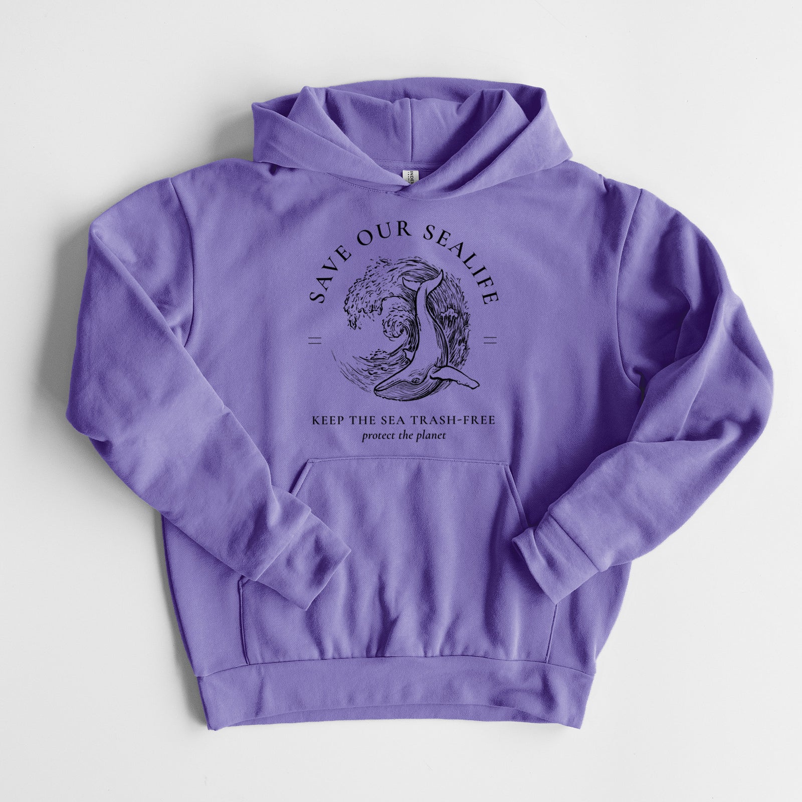 Save our Sealife - Keep the Sea Trash-Free - Statement Midweight Hoodie in Violet, laid flat, showing the oversized boxy fit and front kangaroo pocket.