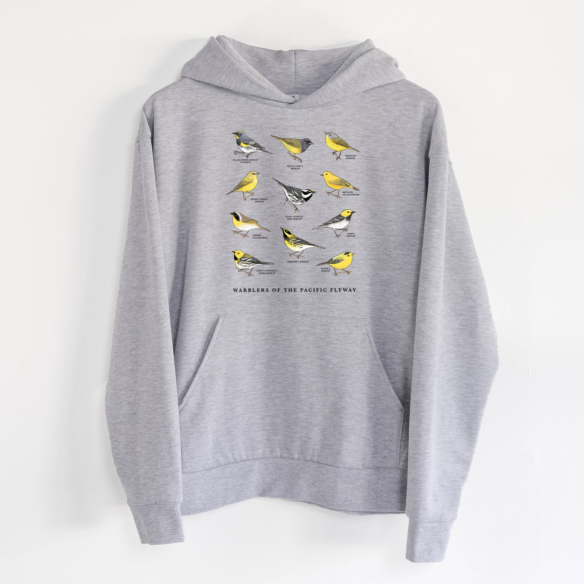 Warblers of the Pacific Flyway - Statement Midweight Hoodie in Heather Grey, hanging on a white wall, with a front kangaroo pocket and no drawcords.