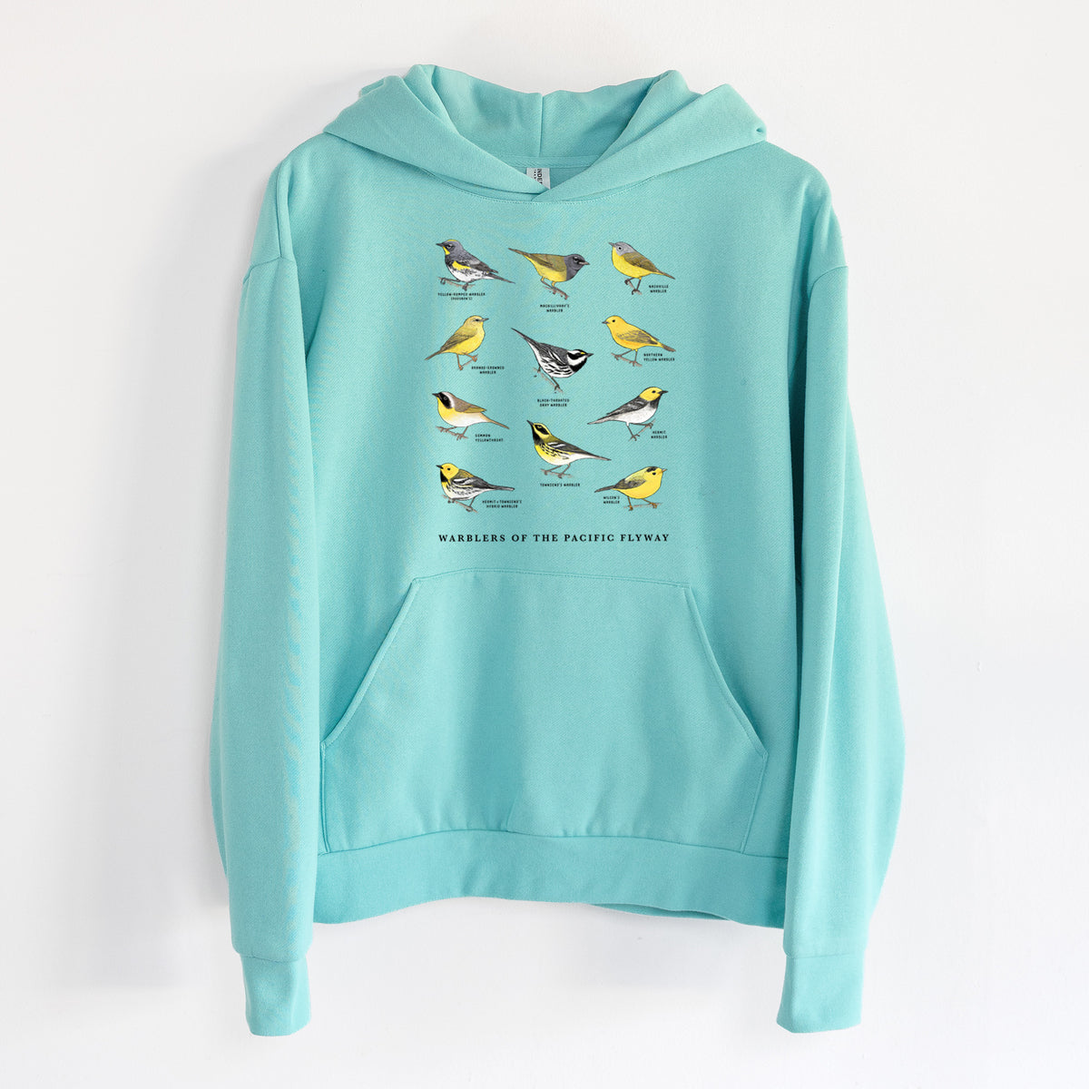 Warblers of the Pacific Flyway - Statement Midweight Hoodie in Seafoam, hanging on a white wall, with a front kangaroo pocket and no drawcords.