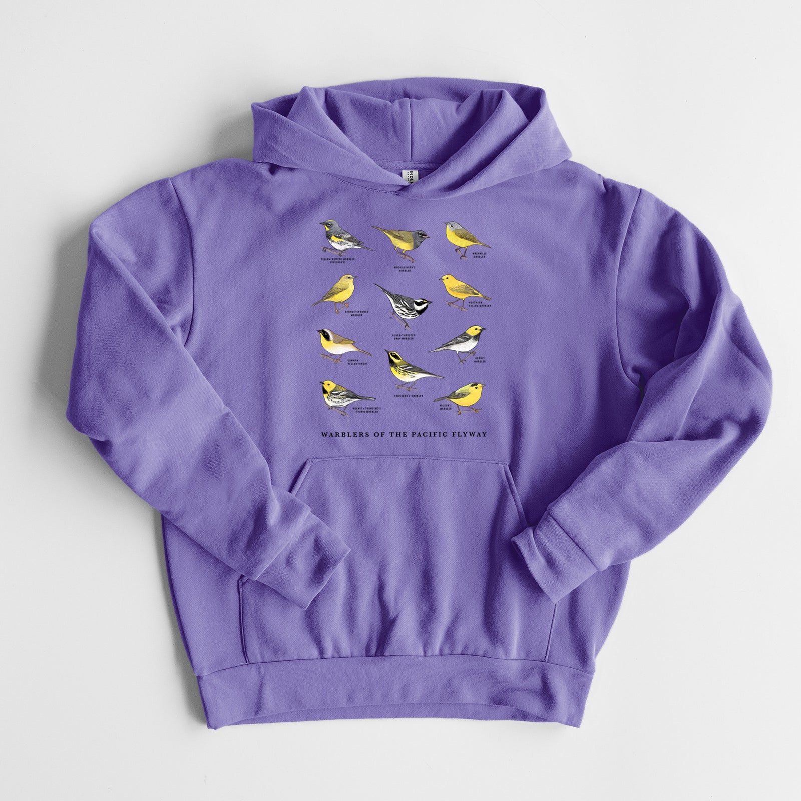 Warblers of the Pacific Flyway - Statement Midweight Hoodie in Violet, laid flat, showing the oversized boxy fit and front kangaroo pocket.