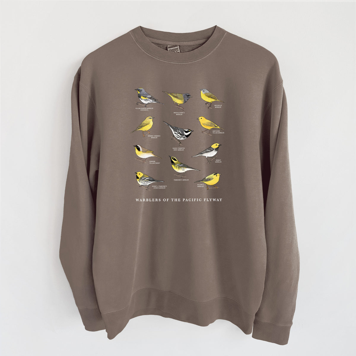 Warblers of the Pacific Flyway - Unisex Pigment Dyed Crew Sweatshirt in Espresso color