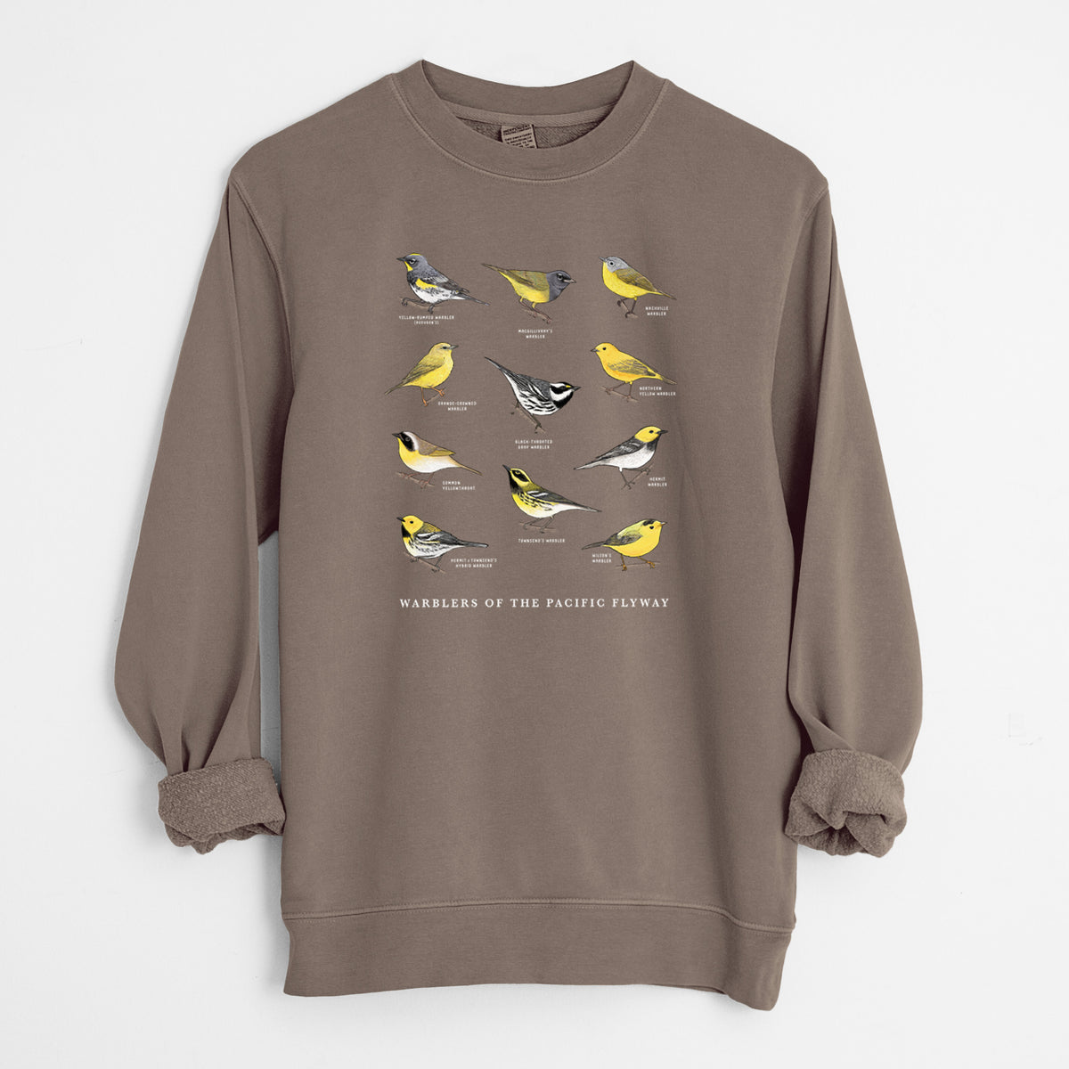 Warblers of the Pacific Flyway - Unisex Pigment Dyed Crew Sweatshirt in Espresso color